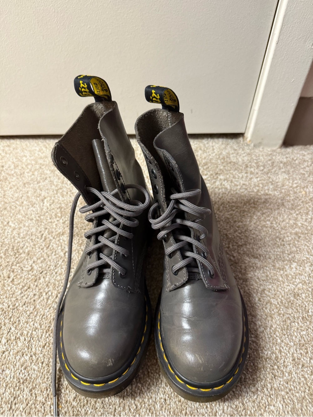 Dr. Martens Grey Leather 8-Eye Combat Boots with Yellow Stitching